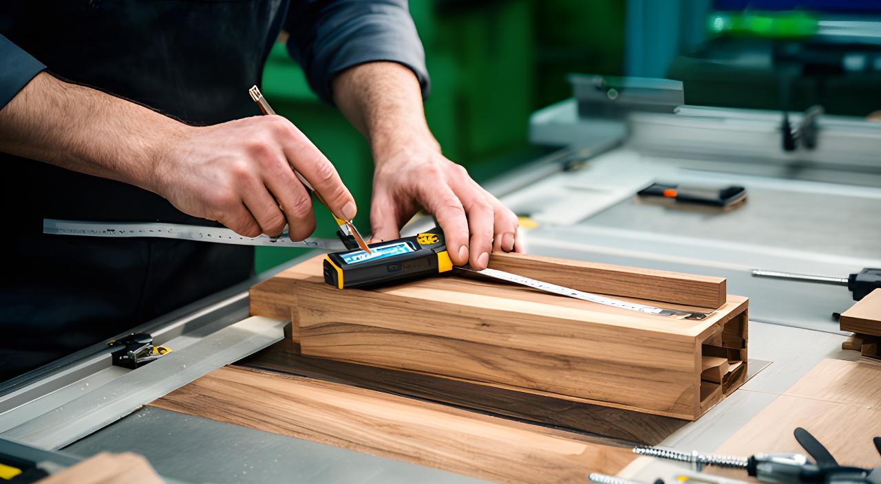 Mitarbeiter prüft Holzkomponenten an einem Arbeitstisch mit Messwerkzeug und digitalem Kontrollbildschirm