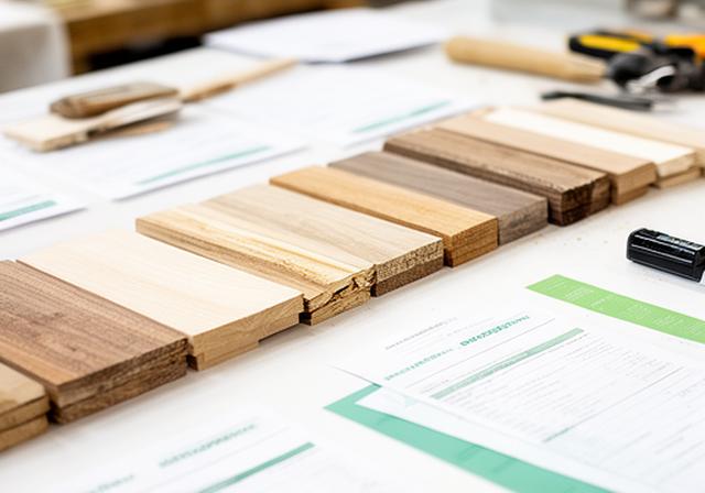 Nahaufnahme von sortierten Holzmustern, Prüfprotokollen und einem sauberen Werkbankbereich im Betrieb