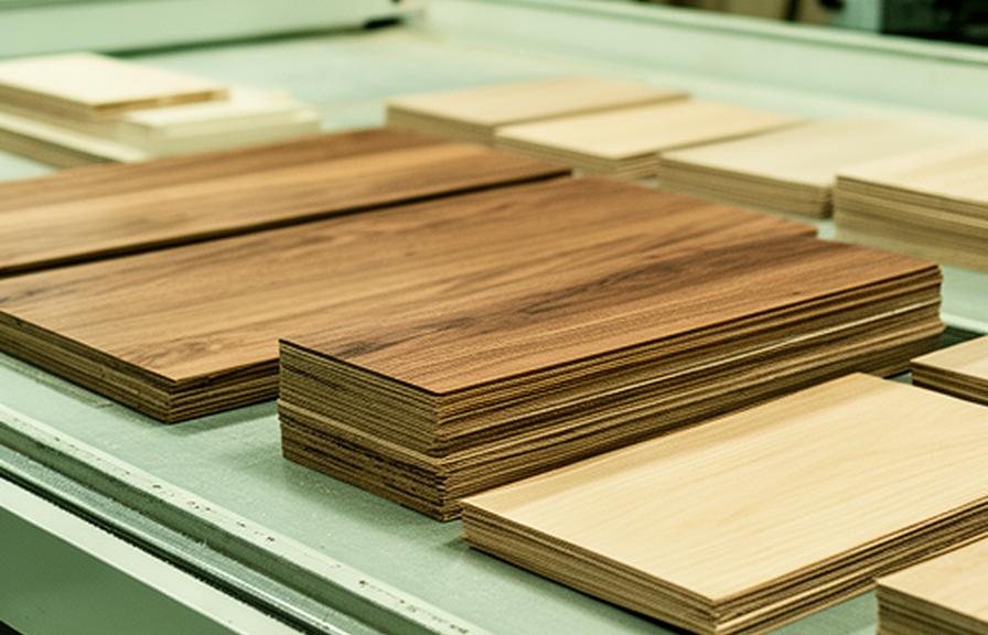 Breite Leimholzplatten und stapelweise Furniermaterial auf einem geordneten Zuschnitttisch in der Werkstatt