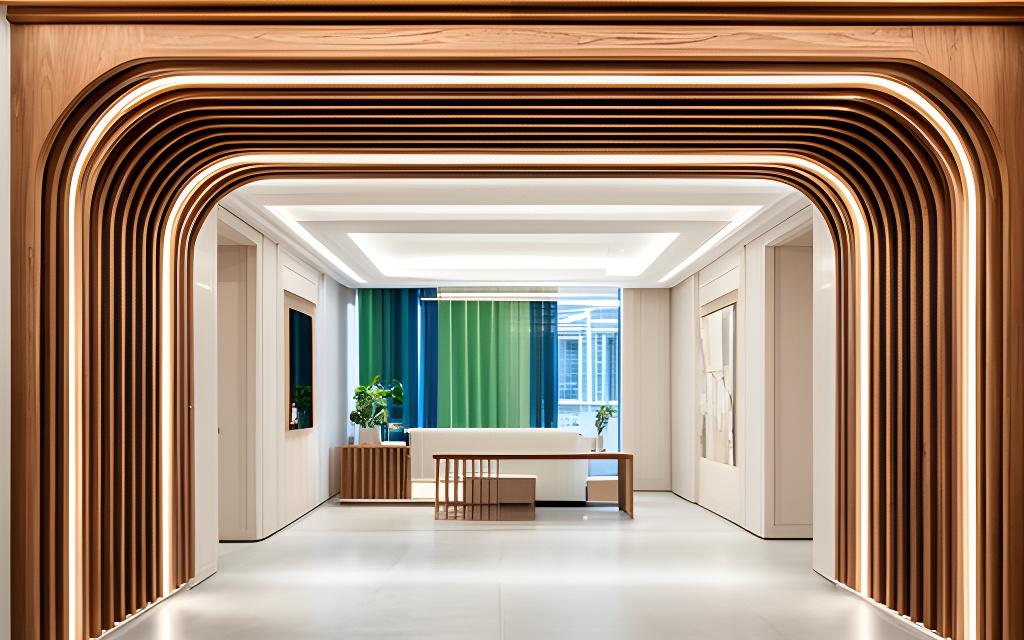 Luxuriöser Innenausbau eines Zürcher Bürogebäudes mit Holzlamellen, Empfangszone und eleganten Wandflächen