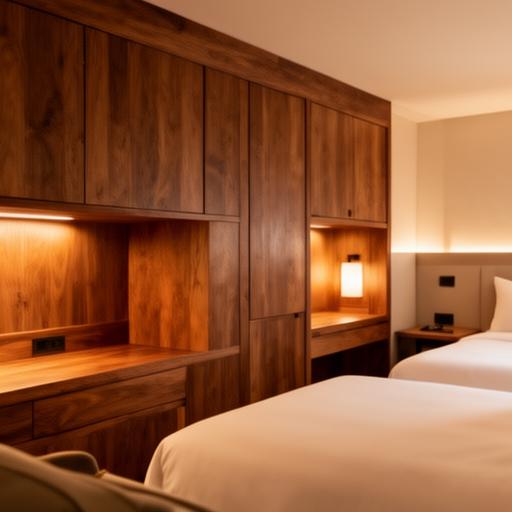 Warme Hotelsuite mit massgefertigter Holzverkleidung, integrierten Einbauten und weicher Beleuchtung