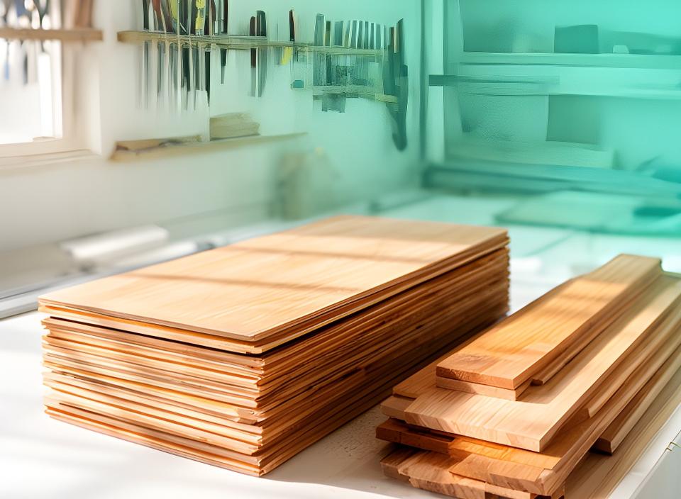 Gestapelte Holzplatten und frisch bearbeitete Bretter in einer hellen Werkhalle mit natürlichem Lichteinfall