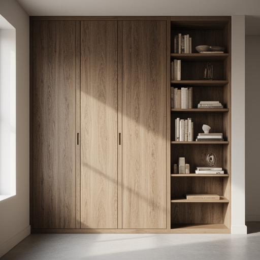 Privates Wohninterieur mit geölten Holzfronten, eingebauter Bibliothek und natürlichem Tageslicht