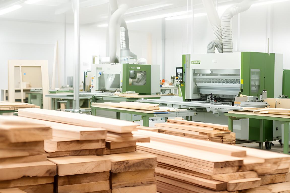 Holzverarbeitung in einer hellen Werkhalle mit präzisen Maschinen und sauber gestapelten Rohmaterialien