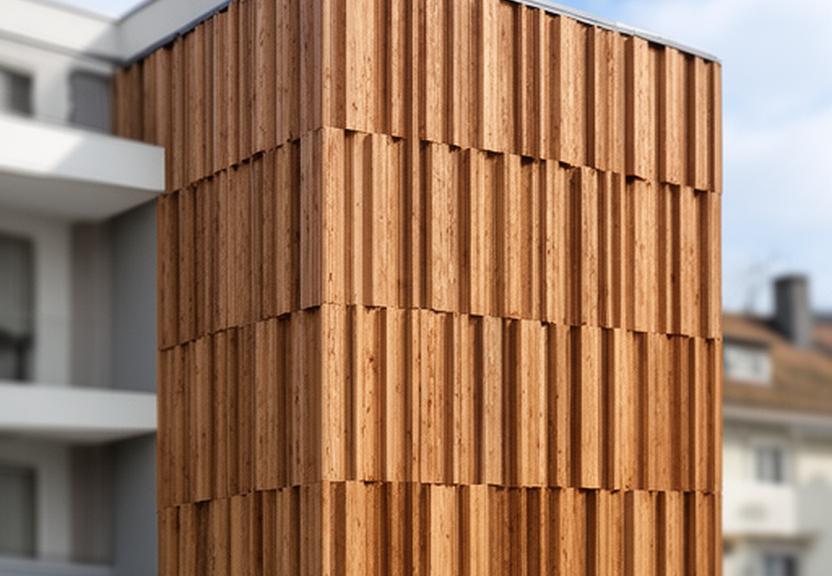 Holzfassade an einer Genossenschaftssiedlung mit gleichmässigen Lamellen und natürlicher Struktur