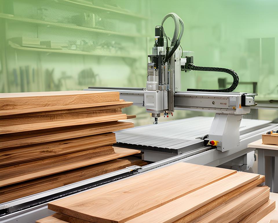Moderne Holzwerkstatt in Zürich mit CNC-Fräse, gestapelten Brettern und präzisen Handwerkdetails